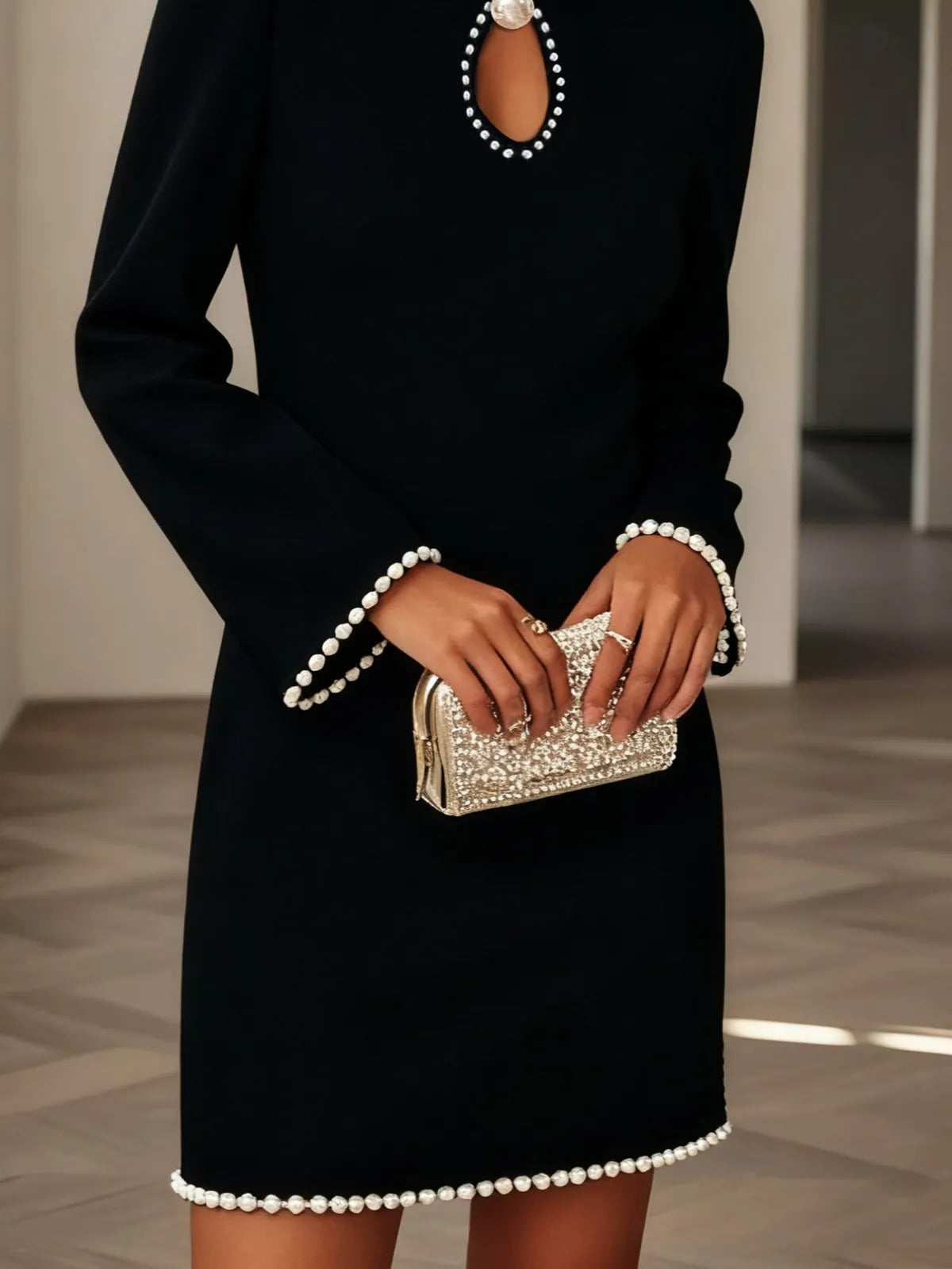 Black Faux Pearl Cut Out Classic Crew Neck Long Sleeve Sheath Mini Dress