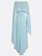 Light Blue 3D Floral Chiffon Boat Neck Cap Sleeve Sheath Gown Dress