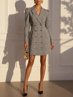 Gray Buckle Shoulder Pad Blazer Lapel Collar Long Sleeve A-Line Mini Dress