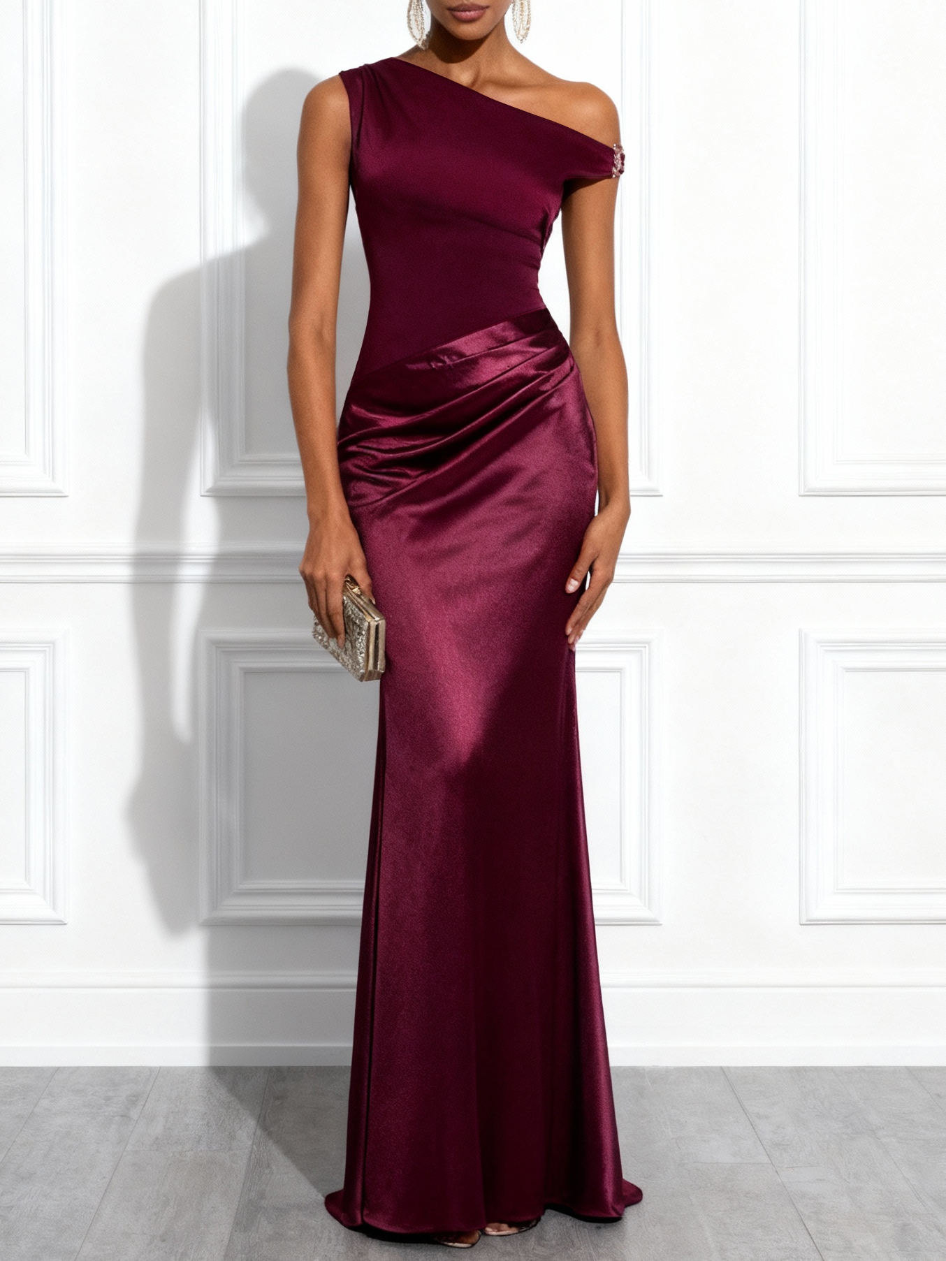 Burgundy Split Joint Ruched Satin One Shoulder Sleeveless Mermaid Maxi Dress