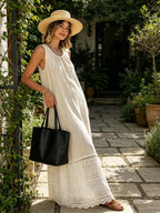 Beige Linen-Blend Sleeveless Lace Hem Maxi Dress
