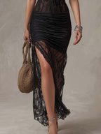 Bohemian Retro Gothic Halter Lace Ruched Sheer Maxi Dress