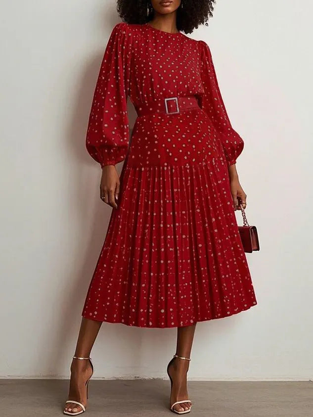 White Pleated Polka Dots Classic Crew Neck Long Balloon Sleeve A-Line Midi Dress