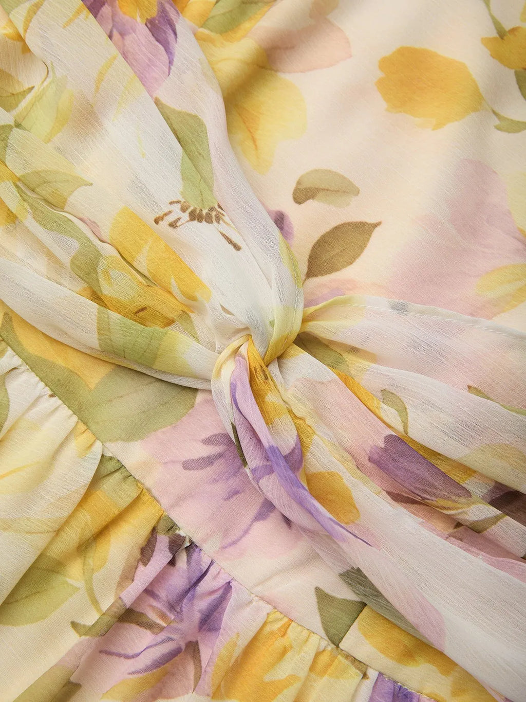 Yellow Floral Ruched Chiffon Boat Neck Sleeveless A-Line Maxi Dress