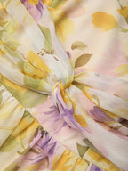 Yellow Floral Ruched Chiffon Boat Neck Sleeveless A-Line Maxi Dress