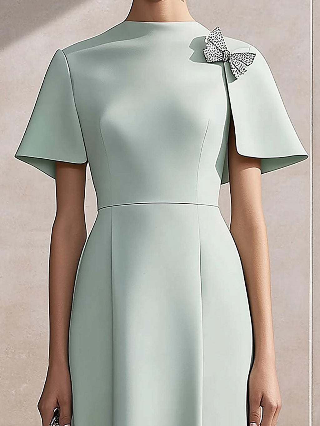 Chic Light Green Satin Cape-Sleeve Dress with Silver Shoulder Adornment