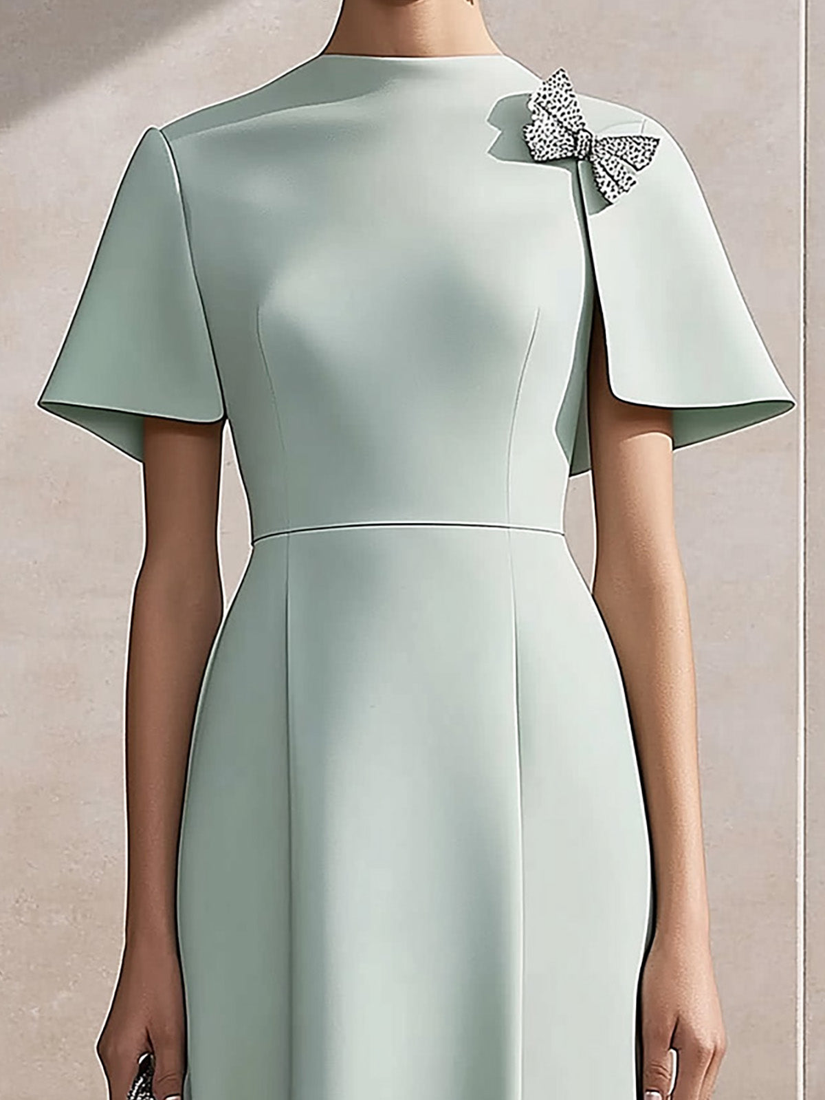 Chic Light Green Satin Cape-Sleeve Dress with Silver Shoulder Adornment