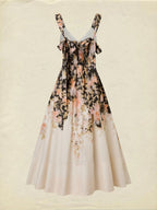Midi Cotton Dress, Sleeveless, Sweetheart Neck, Floral, Suspenders, Vacation, Vintage, Apricot