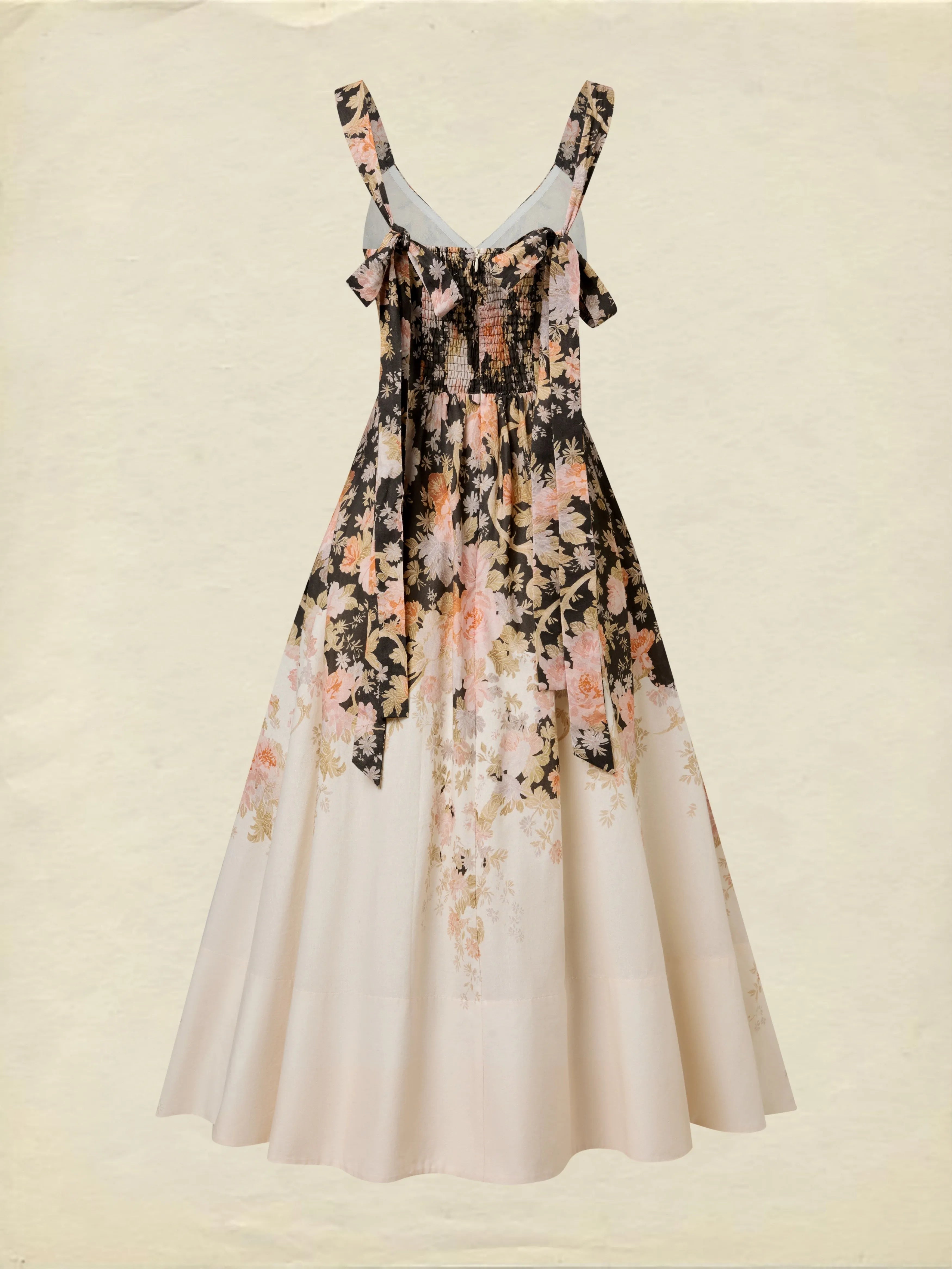 Midi Cotton Dress, Sleeveless, Sweetheart Neck, Floral, Suspenders, Vacation, Vintage, Apricot