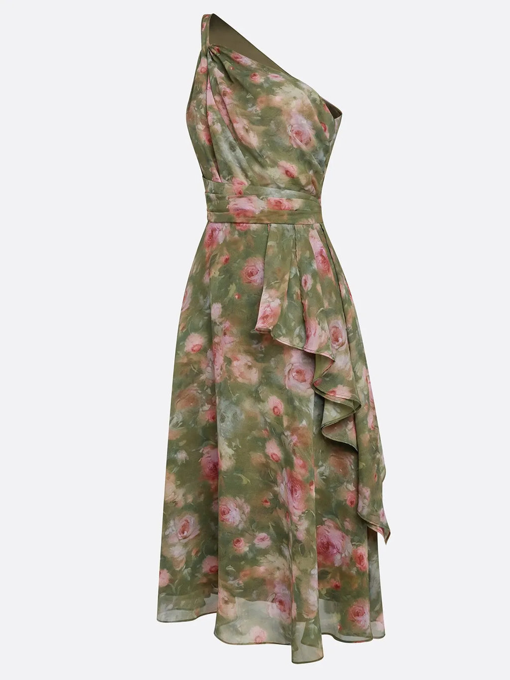 Green Floral Ruched Chiffon One Shoulder Sleeveless A-Line Midi Dress
