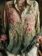 Women's Vintage Floral Embroidery Contrast Linen Shirt