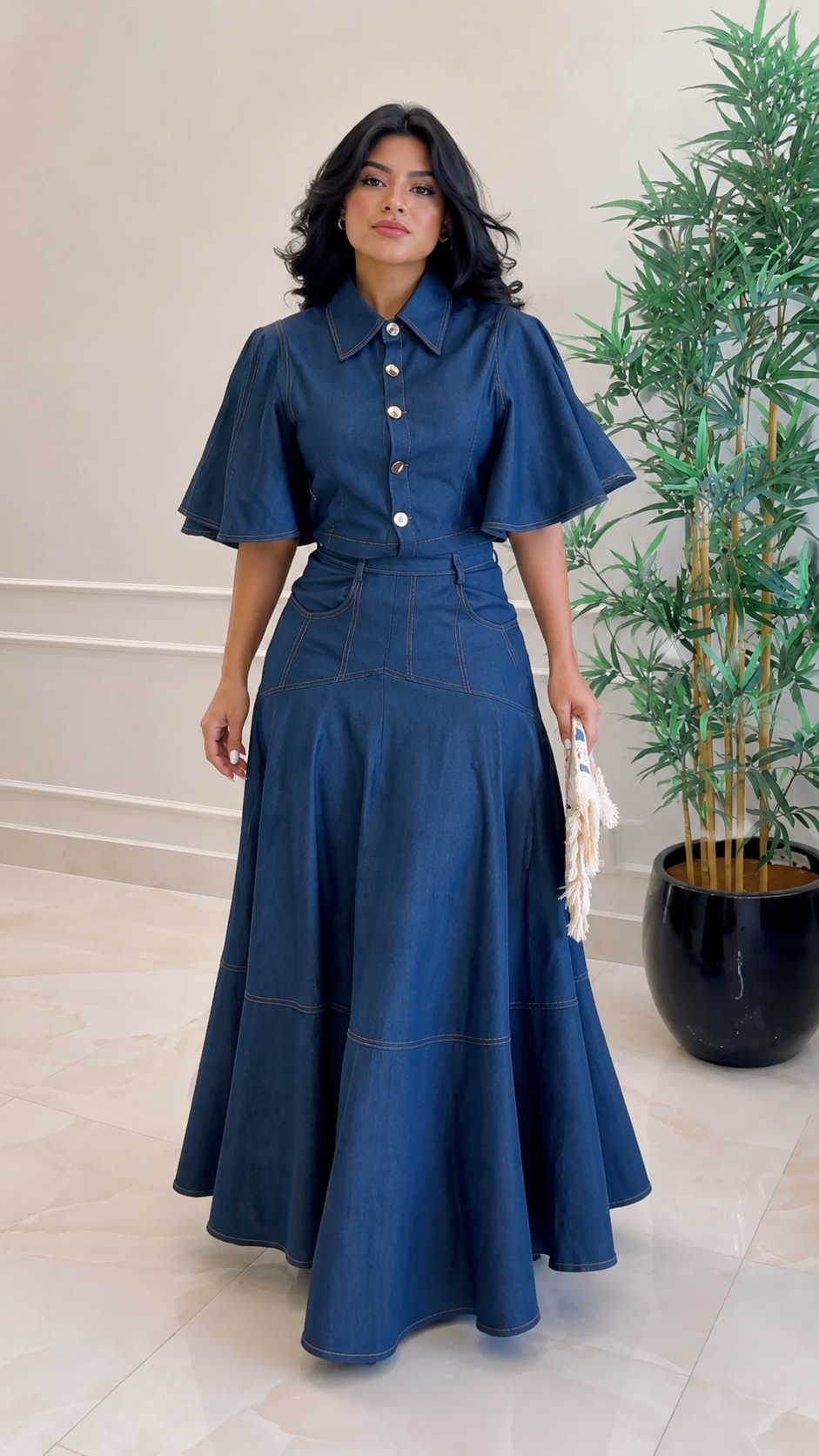 Dark Denim Flare‐Sleeve Top & Maxi Skirt Two‐Piece