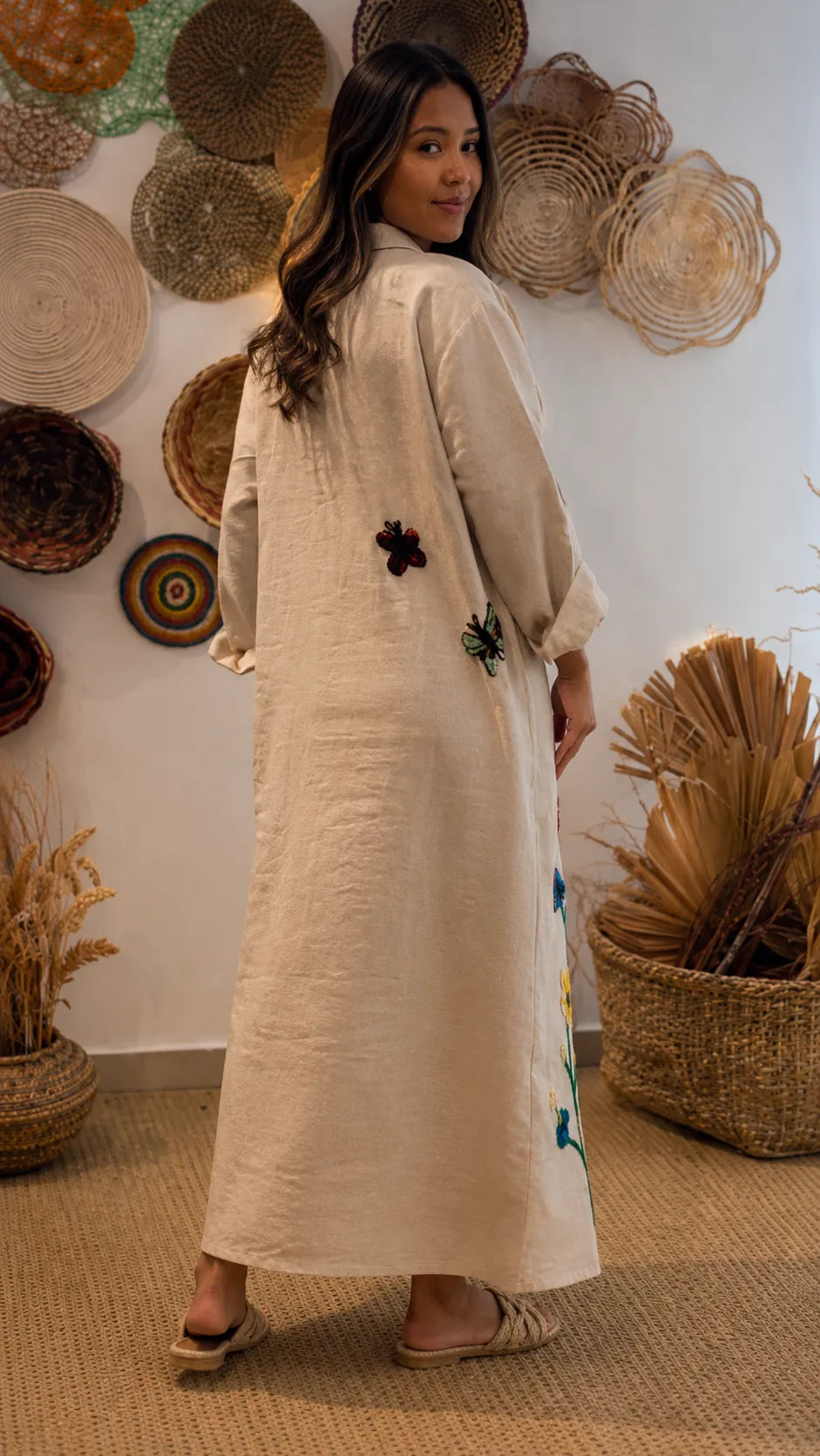 Floral & Bird Embroidered Linen Shirt Midi Dress