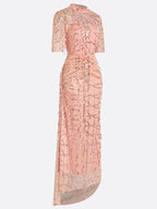 Peach Mesh Lace Crew Neck Half Sleeve Sheath Gown Dress