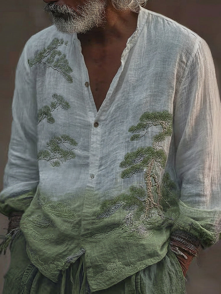 Men's Vintage Pine Tree Art Pattern Linen Blend Shirt