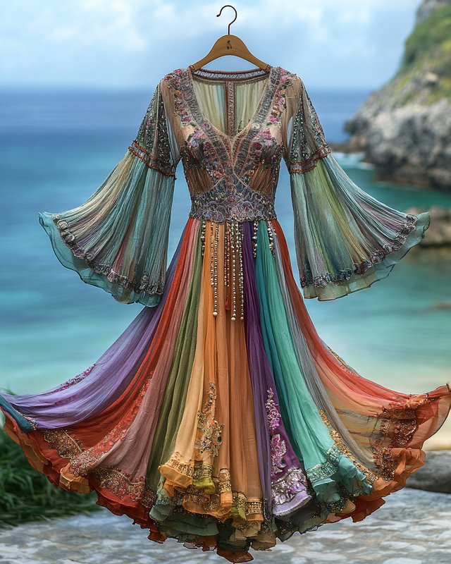 Elegant contrast color vacation rainbow maxi dress 8538