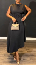 Black Draped Sleeveless Midi Dress