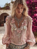 Boho Pink Roses Art Glitter V Neck Linen T Shirt