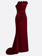 Wine Red 3D Floral Velvet Strapless Sleeveless Sheath Gown Dress