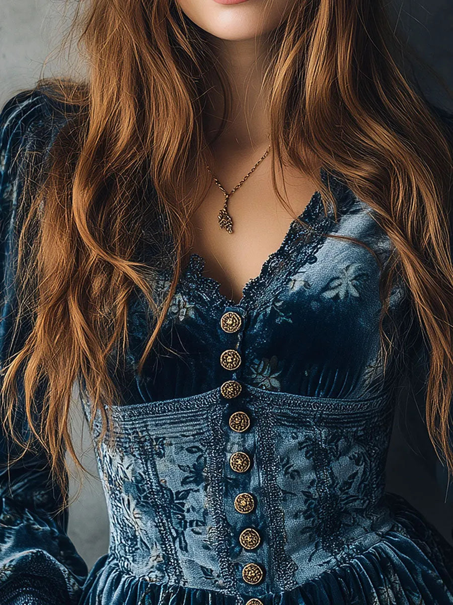 Vintage Blue Velvet Floral Print Corset Style Blouse