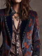 Retro Color-blocked Ethnic Print Polyester Velvet Mid-length Blazer
