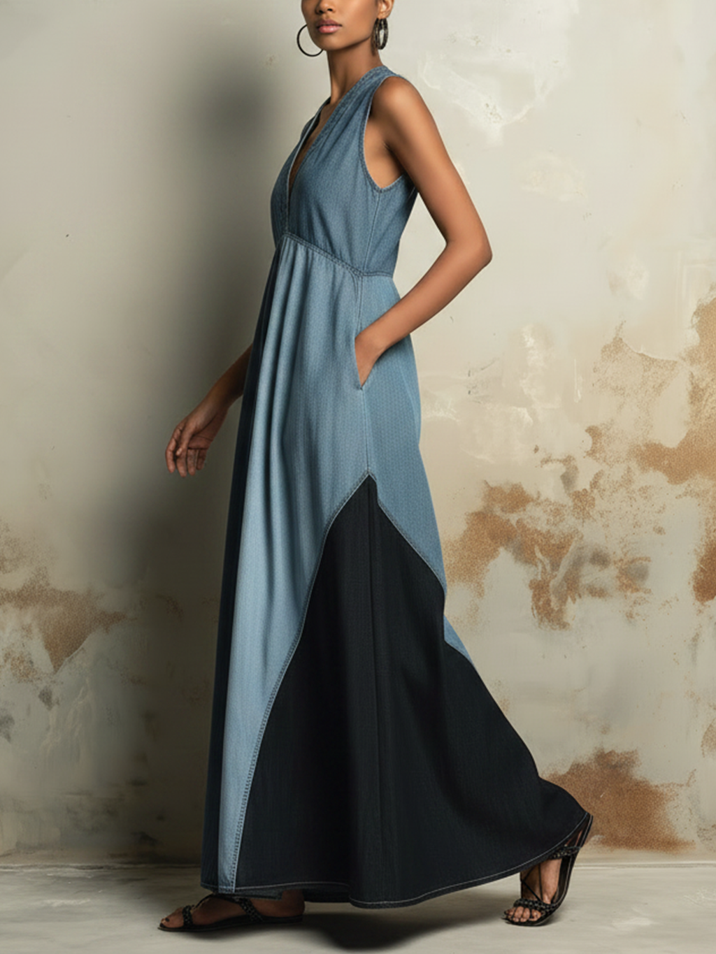 Two-Tone Denim Sleeveless Wide-Leg Jumpsuit