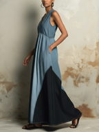 Two-Tone Denim Sleeveless Wide-Leg Jumpsuit