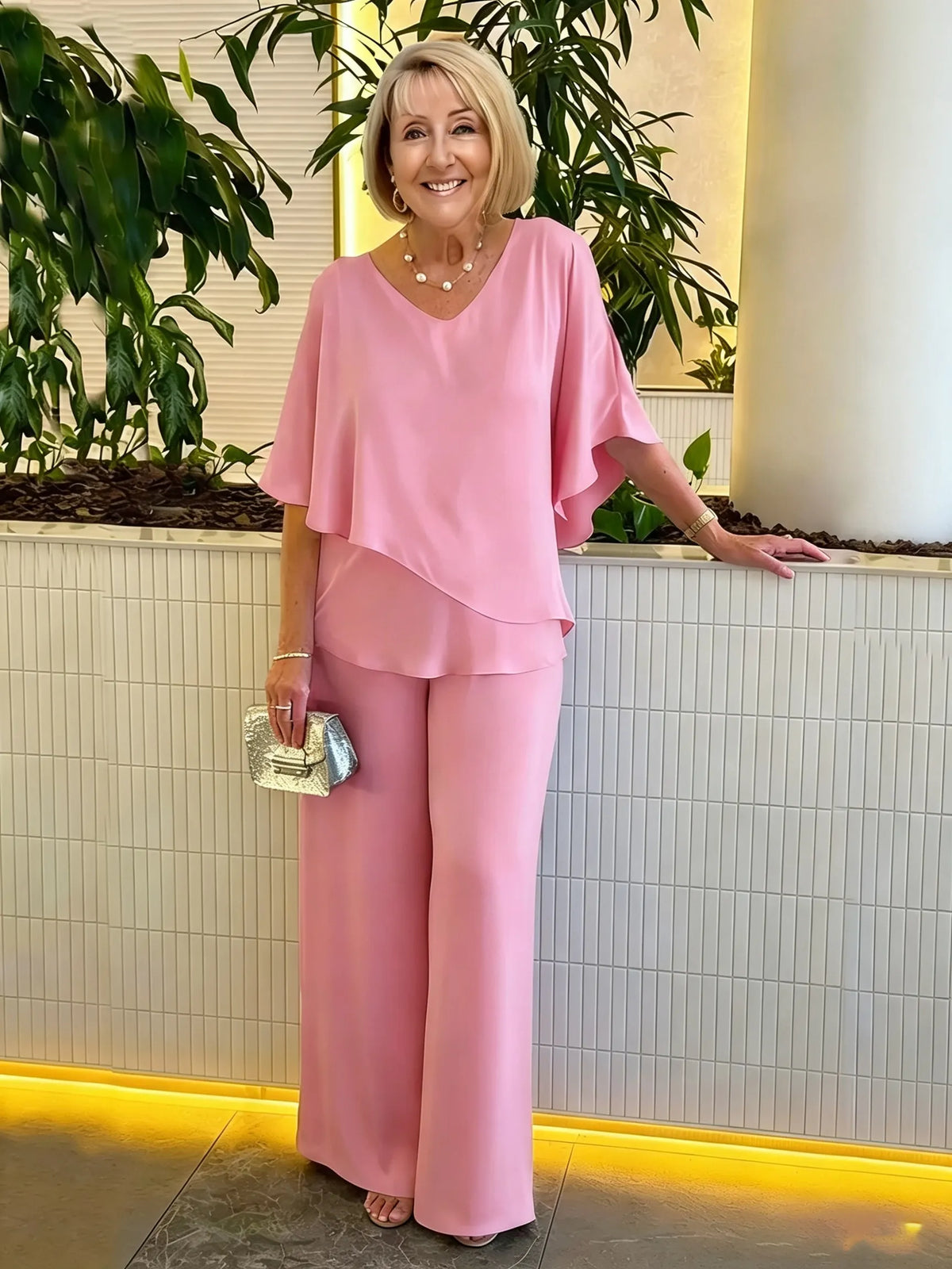 Women's 2 Piece Satin Pantsuit, V Neck Cape Flutter Sleeve Double Layer Tunic Top & Wide Leg Trousers, Elegant Loose Matching Outfit Set for Wedding Guest Formal Occasion