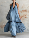 Halter V-Neck Contrast Trim Tiered Maxi Dress