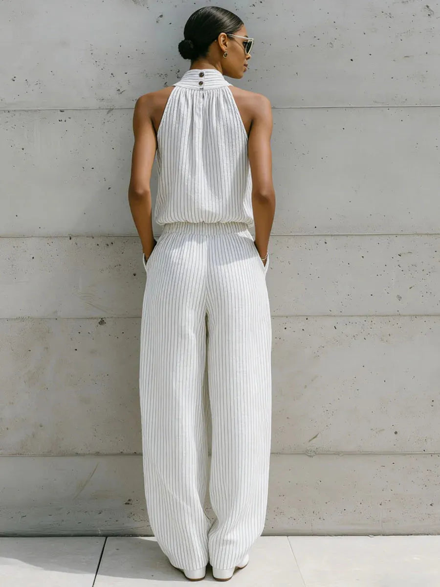 Casual Sleeveless Striped Linen And Cotton Top And Pants Two-piece Set