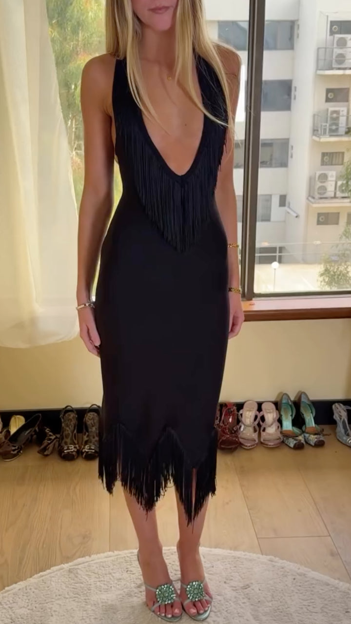 Deep V Fringe Halter Midi Dress