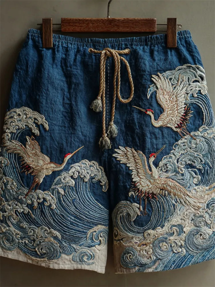 Men's Japanese Cranes Sea Waves Embroidered Linen Shorts