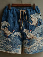 Men's Japanese Cranes Sea Waves Embroidered Linen Shorts