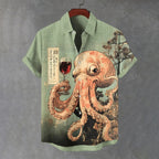 Men's Octopus Drinking Red Wine Fantasy Art Print Casual Shirt