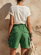 Vibrant Green Elastic Waist Cargo Shorts With Utility Pockets