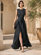 Dark Grey Zip-Front Top & Overlay Maxi Skirt Set