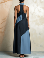 Color-Block Denim Halter Maxi Dress Sleeveless