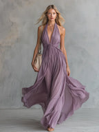 Elegant And Stylish Halter Neck V-neck Sleeveless Chiffon Maxi Dress