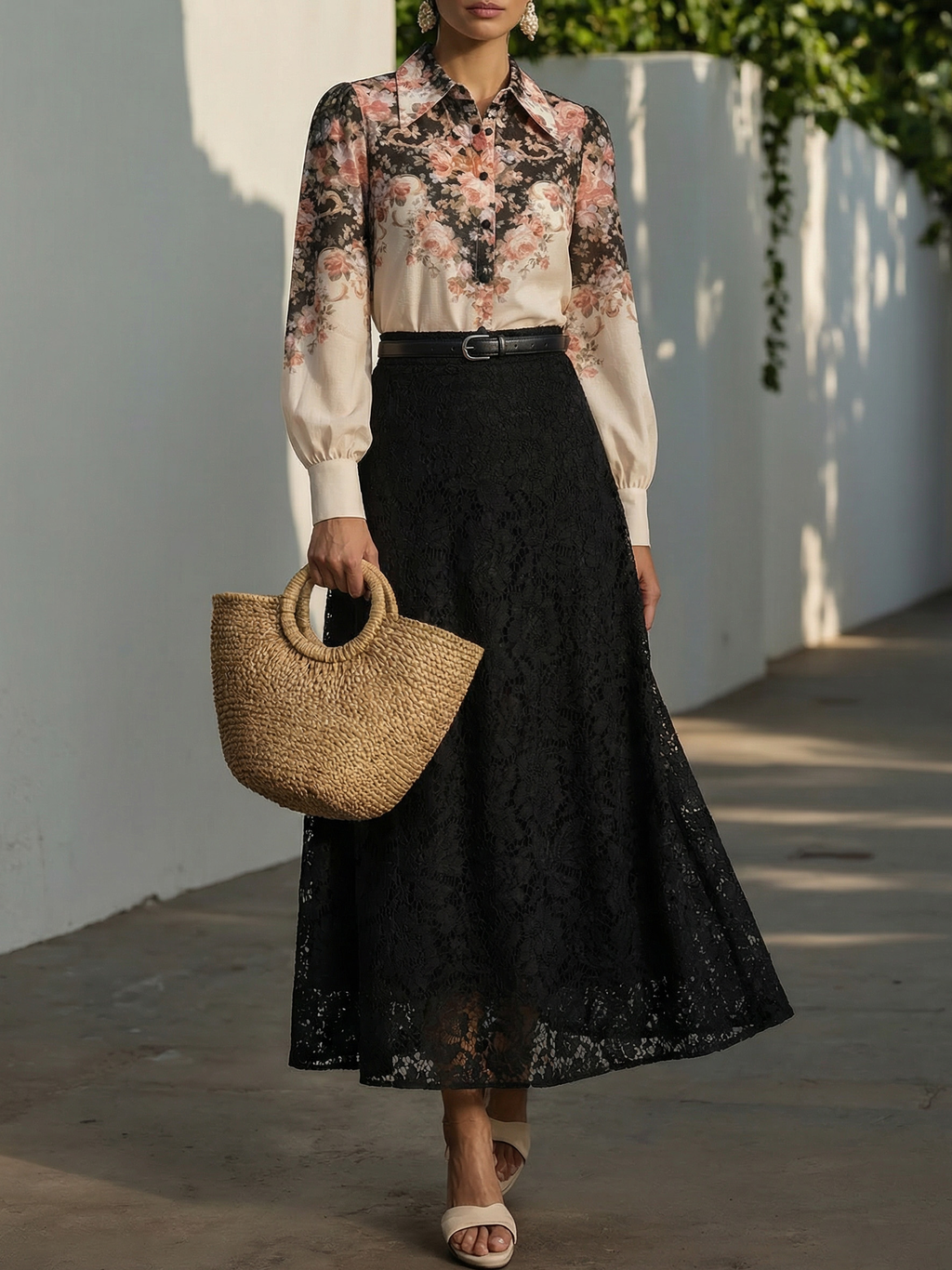 Maxi  Skirt, Floral, Lace, Vacation, Vintage, Black