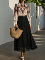 Maxi  Skirt, Floral, Lace, Vacation, Vintage, Black