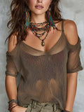 Relaxed Statement Sheer Mesh Off-Shoulder Top