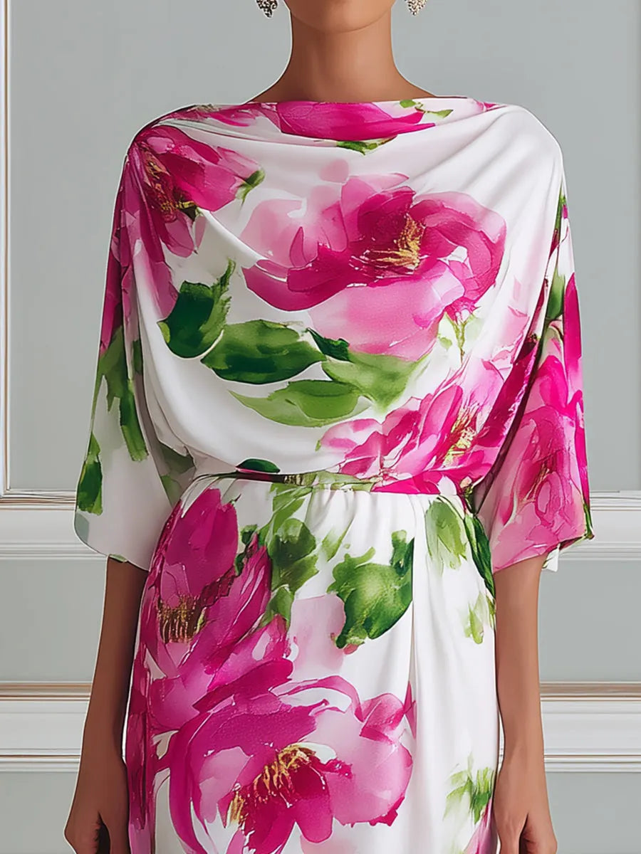 Elegant Floral Draped Midi Dress