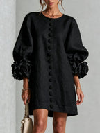 Women's 3D Floral Cuff Balloon Sleeve Mini Dress, Front Floral Button Cotton Linen Blend Shift Dress