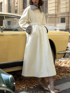 Cotton Trench Coat, Long Sleeves, Shawl Collar, Plain, Button Design, Vintage, Apricot