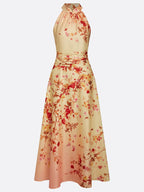 Pale Yellow Floral Classic Halter Mock Neck Sleeveless A-Line Maxi Dress