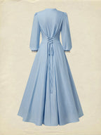 Midi Cotton Dress, Half Sleeve, V Neck, Plain, Lace, Vintage, Blue