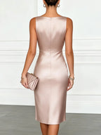 Pink Ruched Satin Boat Neck Sleeveless Sheath Midi Dress