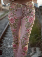Pink Roses Glitter Embroidered Washed Bootcut Jeans