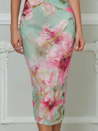 Elegant Floral Halter Bodycon Midi Dress