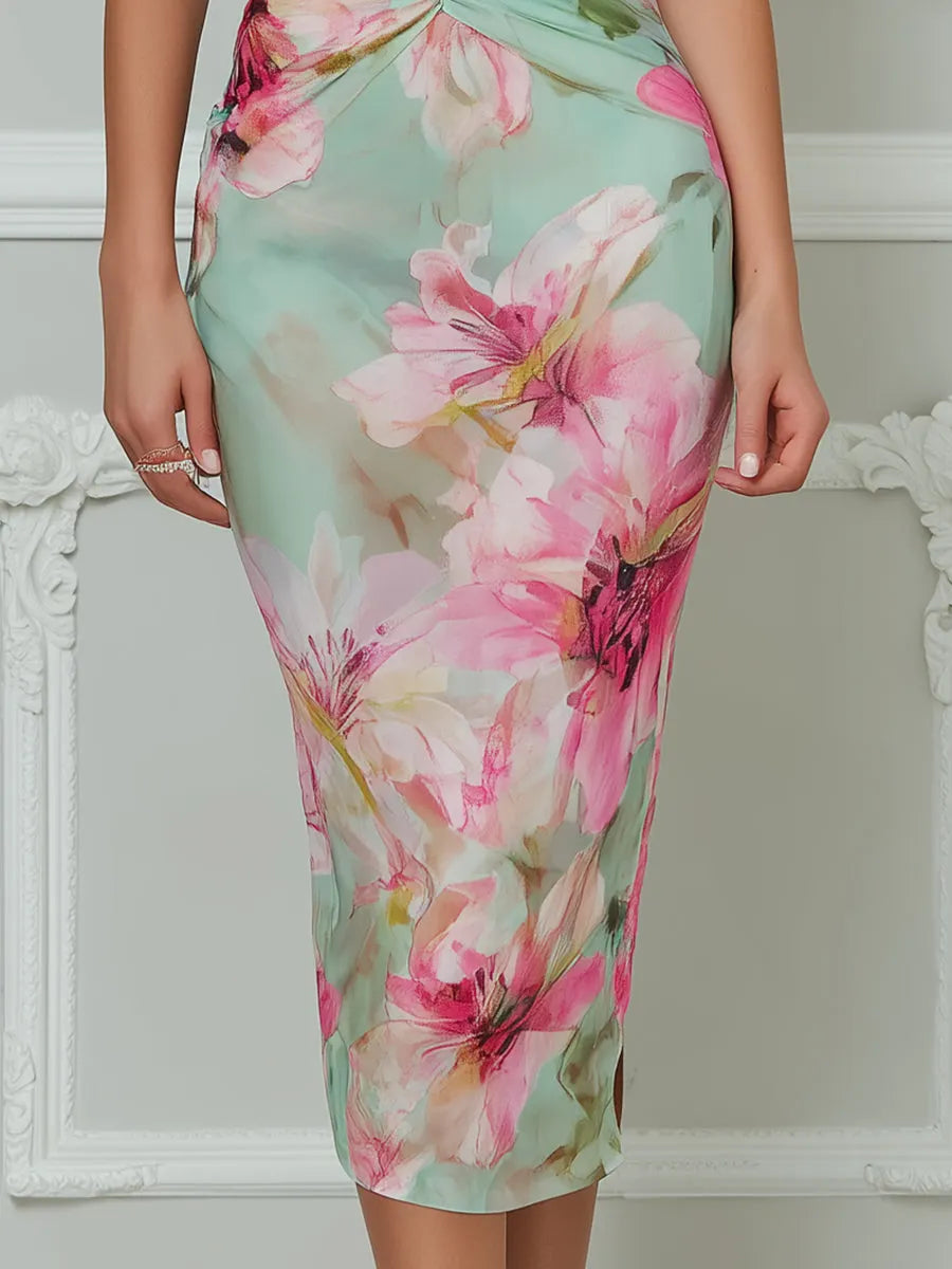 Elegant Floral Halter Bodycon Midi Dress